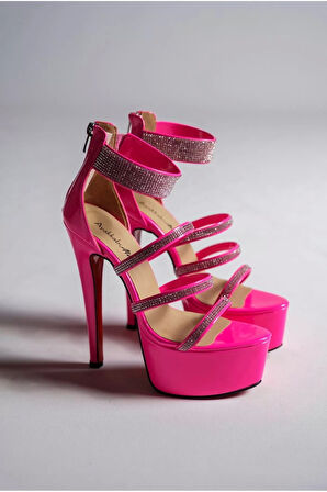 Kadın Taşlı Neon Platform İnce Topuklu Sandalet Gece Şıklığı Model