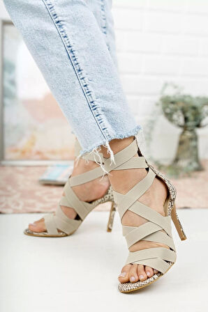 Kadın Çapraz Elastik Bantlı Stiletto Topuklu Arka Fermuarlı Ayakkabı Sandalet Modeli