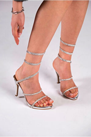 Kadın Spiral Bilekli Taş Bant Detaylı Platform Topuklu Ayakkabı Şık Model