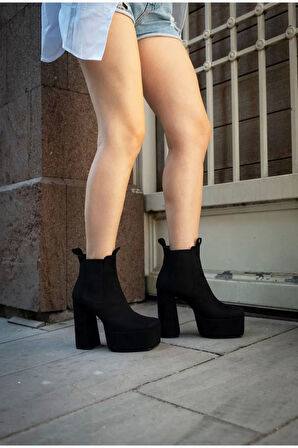 Kadın Elegant Ayakkabı Kalın Yüksek Topuk Lastikli Bot Özel Tasarım Abiye Ayakkabı