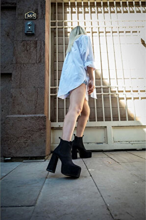 Kadın Elegant Ayakkabı Kalın Yüksek Topuk Lastikli Bot Özel Tasarım Abiye Ayakkabı