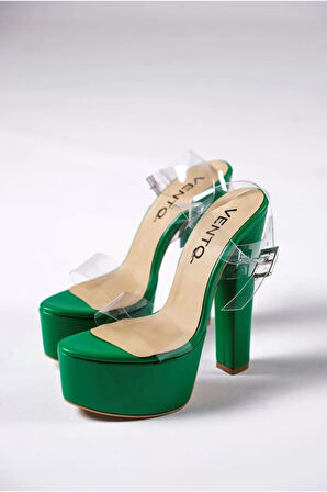 Kadın Elegant Ayakkabı Şeffaf Bantlı Yüksek Kalın Topuklu Ayakkabı Tasarım Abiye Ayakkabı