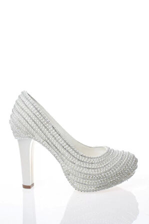 Kadın Moda Şık Sedef Inci Taş Işlemeli Gelin Ayakkabı Topuklu Düğün Nişan Gece Abiye Ayakkabı