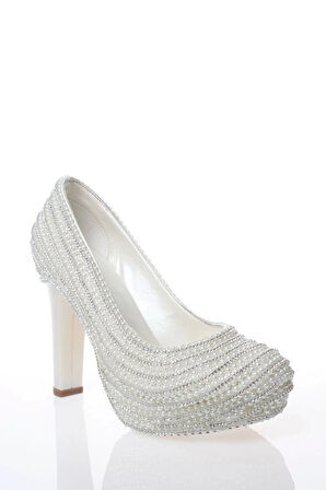 Kadın Moda Şık Sedef Inci Taş Işlemeli Gelin Ayakkabı Topuklu Düğün Nişan Gece Abiye Ayakkabı