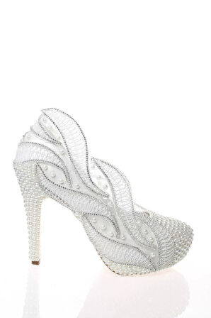 Kadın Moda Şık Sedef Inci Taş Işlemeli Gelin Ayakkabı Topuklu Düğün Nişan Gece Abiye Ayakkabı