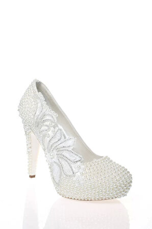 Kadın Moda Beyaz Sedef Inci Taş Işlemeli Gelin Ayakkabı Topuklu Düğün Nişan Gece Abiye Ayakkabı