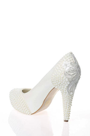 Kadın Moda Beyaz Sedef Inci Taş Işlemeli Gelin Ayakkabı Topuklu Düğün Nişan Gece Abiye Ayakkabı
