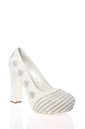 Kadın Moda Şık Sedef Inci Taş Işlemeli Gelin Ayakkabı Topuklu Düğün Nişan Gece Abiye Ayakkabı