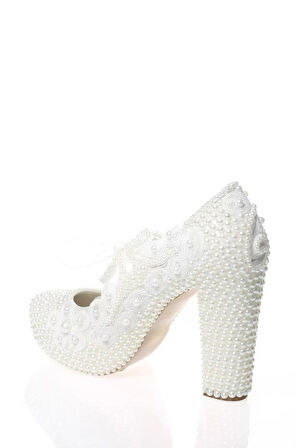 Kadın Moda Şık Sedef Inci Taş Işlemeli Gelin Ayakkabı Topuklu Düğün Nişan Gece Abiye Ayakkabı