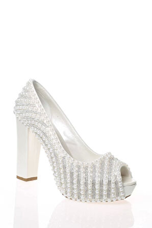 Kadın Moda Beyaz Sedef Inci Taş Işlemeli Gelin Ayakkabı Topuklu Düğün Nişan Gece Abiye Ayakkabı