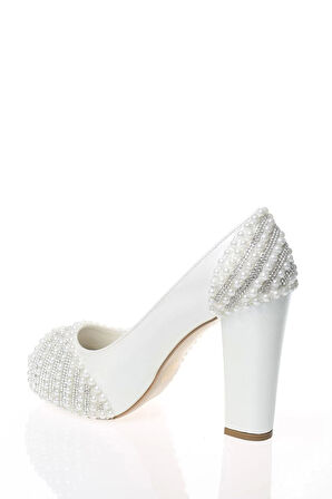 Kadın Moda Beyaz Sedef Inci Taş Işlemeli Gelin Ayakkabı Topuklu Düğün Nişan Gece Abiye Ayakkabı