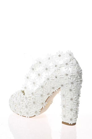 Kadın Moda Beyaz Sedef Inci Taş Işlemeli Gelin Ayakkabı Topuklu Düğün Nişan Gece Abiye Ayakkabı