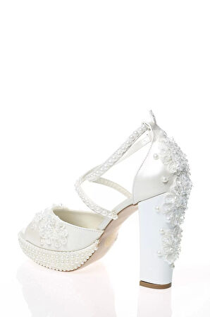 Kadın Moda Şık Sedef İnci Taş İşlemeli Gelin Ayakkabı Topuklu Düğün Nişan Gece Abiye Ayakkabı