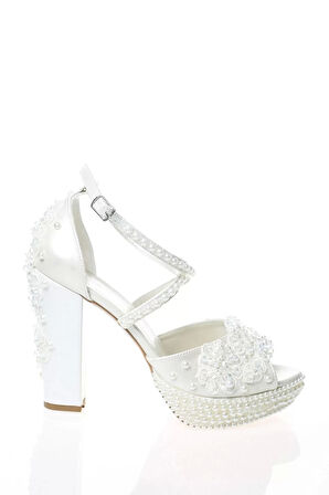 Kadın Moda Şık Sedef İnci Taş İşlemeli Gelin Ayakkabı Topuklu Düğün Nişan Gece Abiye Ayakkabı