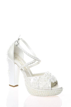 Kadın Moda Şık Sedef İnci Taş İşlemeli Gelin Ayakkabı Topuklu Düğün Nişan Gece Abiye Ayakkabı