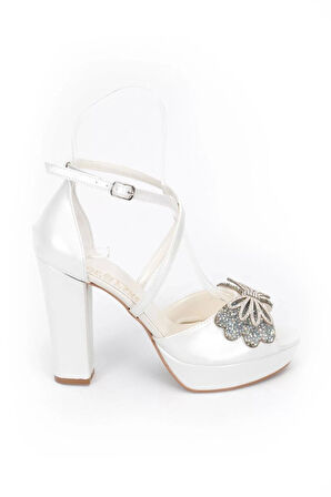 Kadın Moda Şık Sedef Cilt Taşlı Topuklu Zarif Tasarım Düğün Nişan Gece Abiye Ayakkabı