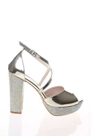 Kadın Moda Şık Gold Ayna Ökçe Poli Taş Topuklu Zarif Tasarım Düğün Nişan Gece Abiye Ayakkabı