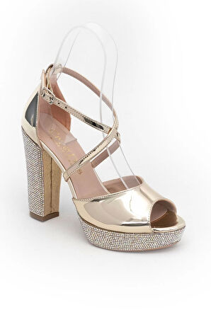 Kadın Moda Şık Gold Ayna Taşlı Topuklu Zarif Tasarım Düğün Nişan Gece Abiye Ayakkabı