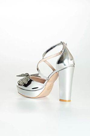 Kadın Moda Şık Gümüş Ayna Taşlı Topuklu Zarif Tasarım Düğün Nişan Gece Abiye Ayakkabı