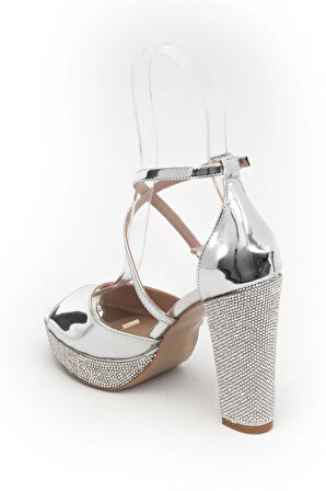 Kadın Moda Şık Gümüş Ayna Taşlı Topuklu Zarif Tasarım Düğün Nişan Gece Abiye Ayakkabı