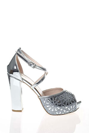 Kadın Moda Şık Gümüş Ayna Kristal Yüz Lazer Topuklu Düğün Nişan Gece Abiye Ayakkabı