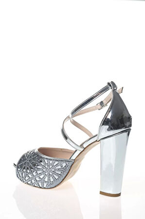 Kadın Moda Şık Gümüş Ayna Kristal Yüz Lazer Topuklu Düğün Nişan Gece Abiye Ayakkabı