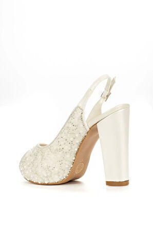 Kadın Moda Şık Sedef İnci Taş Topuklu Zarif Tasarım Düğün Nişan Gece Abiye Ayakkabı