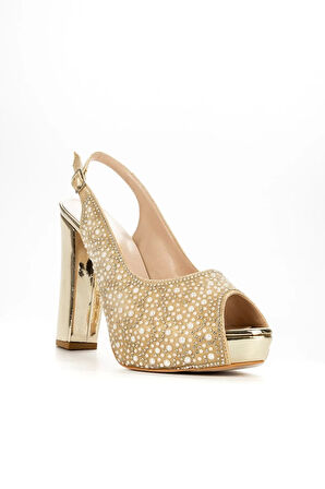 Kadın Moda Şık Gold Ayna Full Inci Taş Düğün Nişan Gece Abiye Ayakkabı