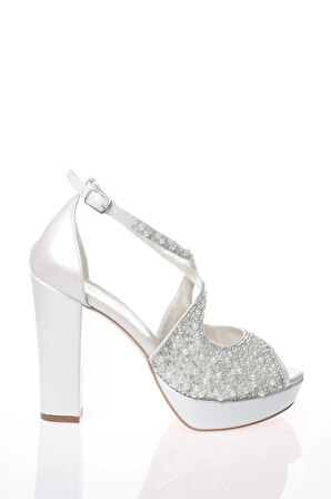 Kadın Moda Şık Gümüş Ayna Yüz İnci Taş Topuklu Zarif Tasarım Düğün Nişan Gece Abiye Ayakkabı