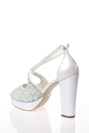 Kadın Moda Şık Gümüş Ayna Yüz İnci Taş Topuklu Zarif Tasarım Düğün Nişan Gece Abiye Ayakkabı