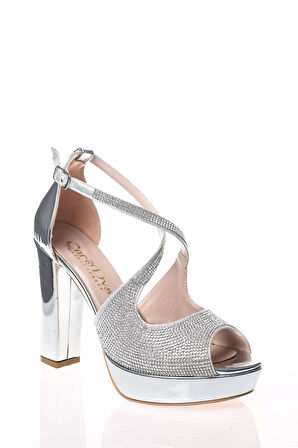 Kadın Moda Şık Gümüş Ayna Yüz Taş Topuklu Zarif Tasarım Düğün Nişan Gece Abiye Ayakkabı