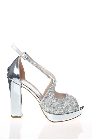 Kadın Moda Şık Gümüş Ayna Yüz İnci Taş Topuklu Zarif Tasarım Düğün Nişan Gece Abiye Ayakkabı