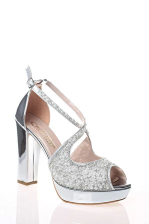 Kadın Moda Şık Gümüş Ayna Yüz İnci Taş Topuklu Zarif Tasarım Düğün Nişan Gece Abiye Ayakkabı