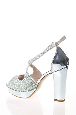 Kadın Moda Şık Gümüş Ayna Yüz İnci Taş Topuklu Zarif Tasarım Düğün Nişan Gece Abiye Ayakkabı