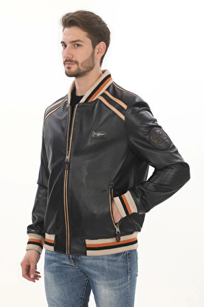 Erkek Spor ve Şıklık Bir Arada Derimont Varsity Hakiki Kuzu Derisi Bomber Ceket Erkek Mont