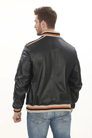 Erkek Spor ve Şıklık Bir Arada Derimont Varsity Hakiki Kuzu Derisi Bomber Ceket Erkek Mont