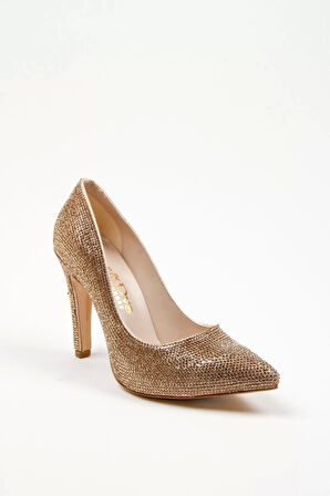 Kadın Moda Şık Gold Full Taş Aynalı Klasik Düğün Nişan Gece Abiye Ayakkabı