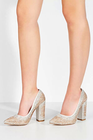 Kadın Moda Şık Gümüş Sultan Çift Renktaşlı Klasik Sivri Kalın Düğün Nişan Gece Abiye Ayakkabı