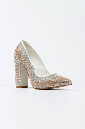 Kadın Moda Şık Gümüş Sultan Çift Renktaşlı Klasik Sivri Kalın Düğün Nişan Gece Abiye Ayakkabı