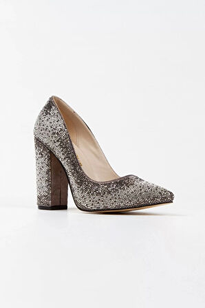 Kadın Moda Şık Gümüş Sultan Çift Renktaşlı Klasik Sivri Kalın Düğün Nişan Gece Abiye Ayakkabı