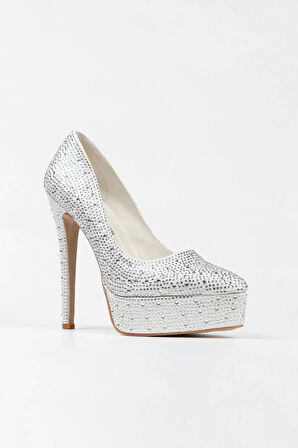 Kadın Moda Gold Sultan Taşlı Klasik Sivri Ince Topuklu Platformlu Düğün Nişan Gece Abiye Ayakkabı