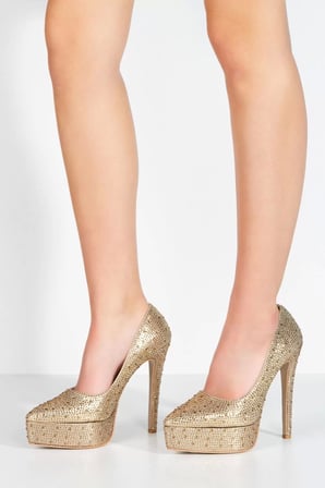 Kadın Moda Gold Sultan Taşlı Klasik Sivri Ince Topuklu Platformlu Düğün Nişan Gece Abiye Ayakkabı