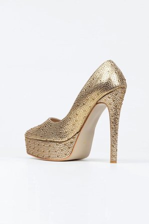 Kadın Moda Gold Sultan Taşlı Klasik Sivri Ince Topuklu Platformlu Düğün Nişan Gece Abiye Ayakkabı