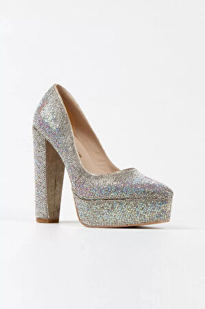 Kadın Moda Şık Gold Sultan Janjan Taşlı Klasik Sivri Kalın Topuklu Düğün Nişan Gece Abiye Ayakkabı