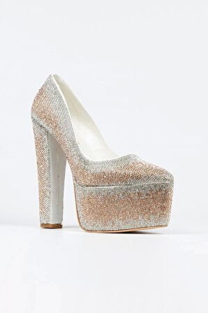 Kadın Moda Şık Sultan Çift Renktaşlı Klasik Sivri Kalın Topuklu Düğün Nişan Gece Abiye Ayakkabı