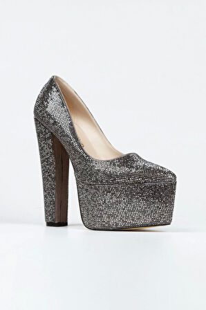 Kadın Moda Şık Full Taşlı Klasik Sivri Kalın Topuklu Platformlu Düğün Nişan Gece Abiye Ayakkabı