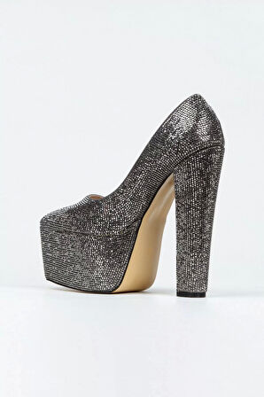 Kadın Moda Şık Full Taşlı Klasik Sivri Kalın Topuklu Platformlu Düğün Nişan Gece Abiye Ayakkabı