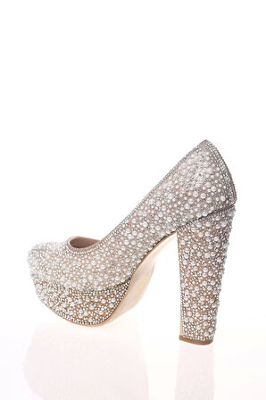 Kadın Moda Şık Gold Sultan Full Inci Taş Topuklu Zarif Tasarım Düğün Nişan Gece Abiye Ayakkabı