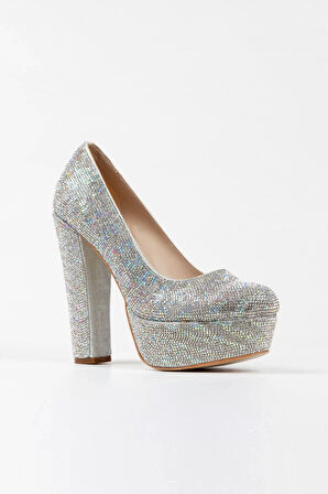 Kadın Moda Sultan Çift Renk Taşlı Klasik Topuklu Platformlu Düğün Nişan Gece Abiye Ayakkabı