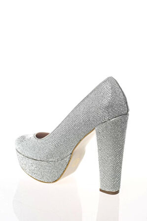 Kadın Moda Şık Gümüş Sultan Full Taş Topuklu Zarif Tasarım Düğün Nişan Gece Abiye Ayakkabı